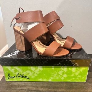 Sam Edelman Women's Brown Strappy Tie Block Heel Sandals, Valerie Saddle Napa